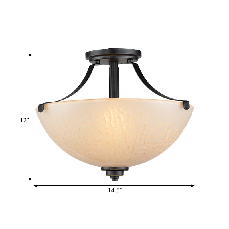 Rural Dome Semi Flush Mount 2-Head Frosted Glass Ceiling Light Fixture in Black for Kitchen