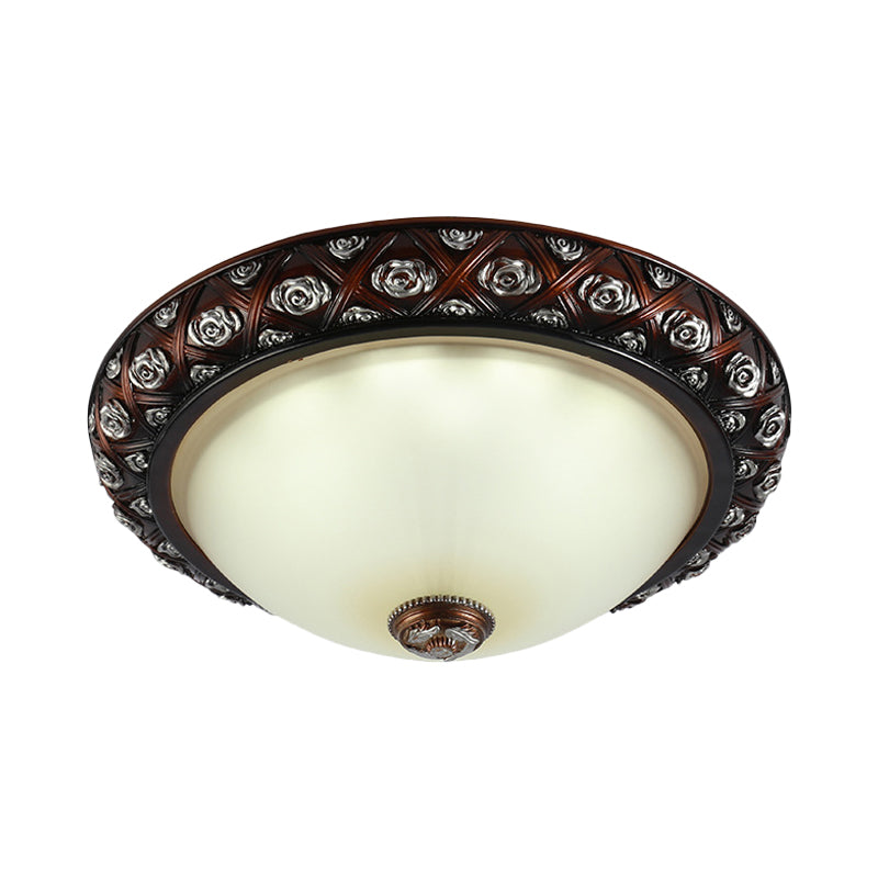 2/3-Bulb Flush Mount Lamp Rustic Bowl White Glass Flush Light Fixture with Rose Pattern Trim, 12"/15.5" W