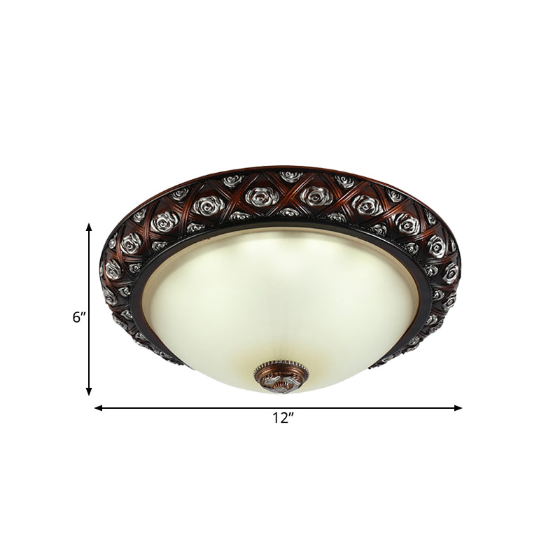 2/3-Bulb Flush Mount Lamp Rustic Bowl White Glass Flush Light Fixture with Rose Pattern Trim, 12"/15.5" W