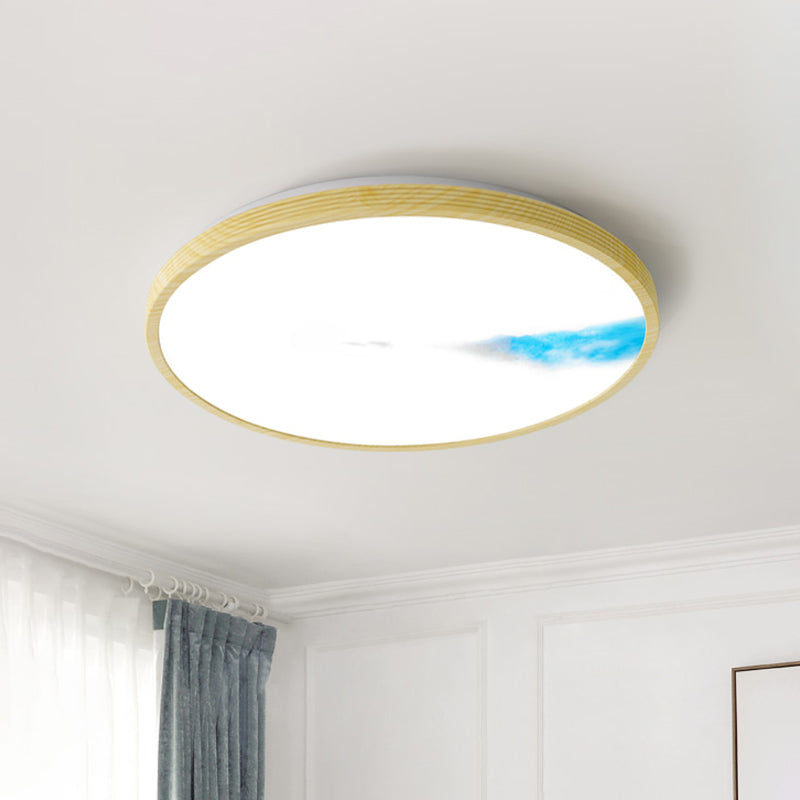 Yellow Circle Ceiling Lighting Simple Acrylic LED Flush Mount with Abstract Mountain and Fisherman Pattern