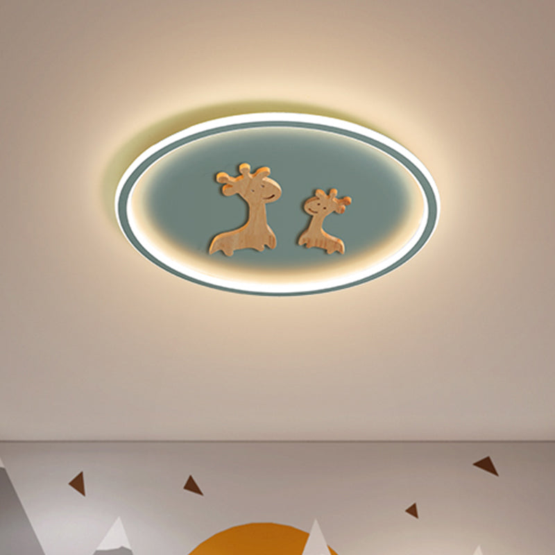 Deer Pattern Oval Flush Mounted Light Kids Acrylic Blue/Pink/Black LED Close to Ceiling Lamp for Bedroom