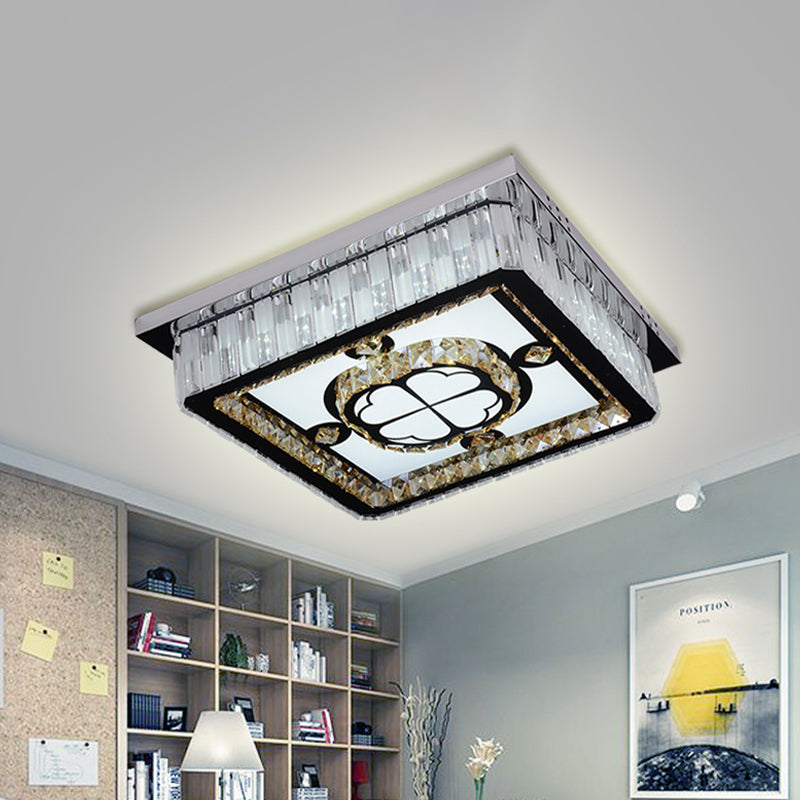 Simplicity Square Ceiling Mounted Light LED Crystal Flush Mount Lamp in Chrome with Clover Pattern