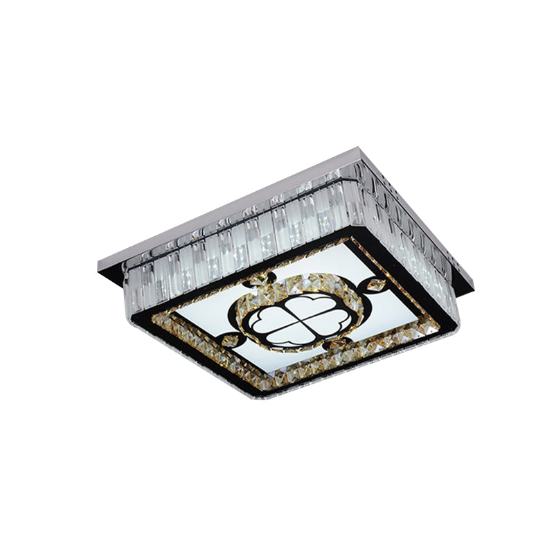 Simplicity Square Ceiling Mounted Light LED Crystal Flush Mount Lamp in Chrome with Clover Pattern