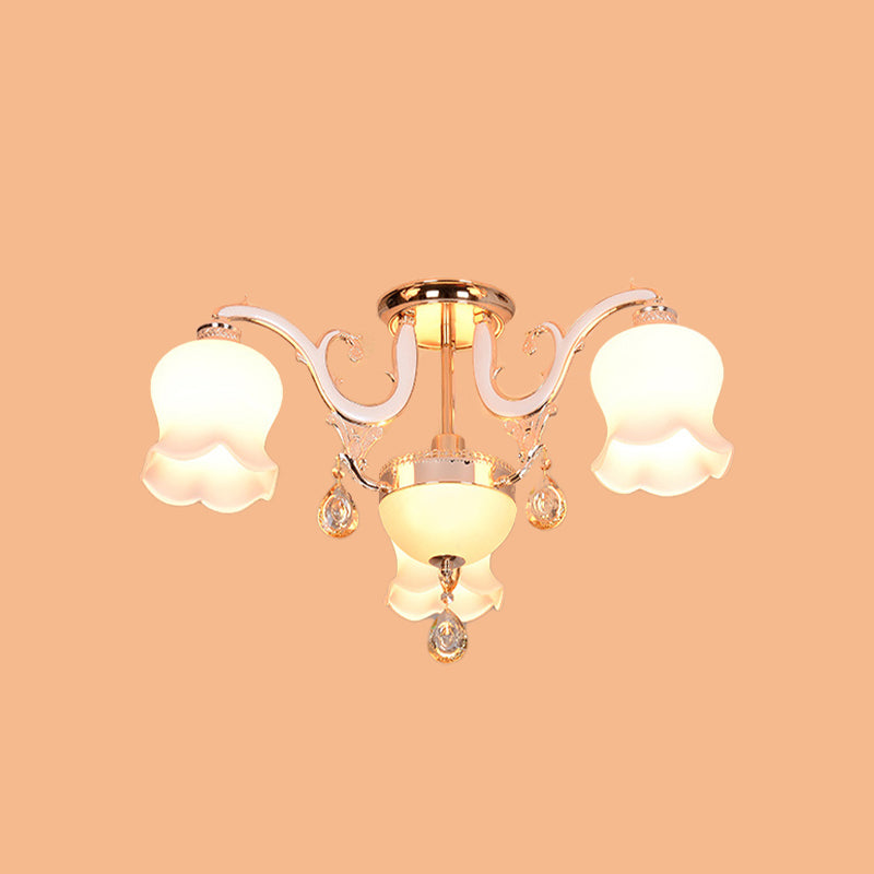 Traditional Scalloped Semi Flush 4/7 Light Opal Glass Ceiling Flush Mount Light in Gold with Crystal Drop