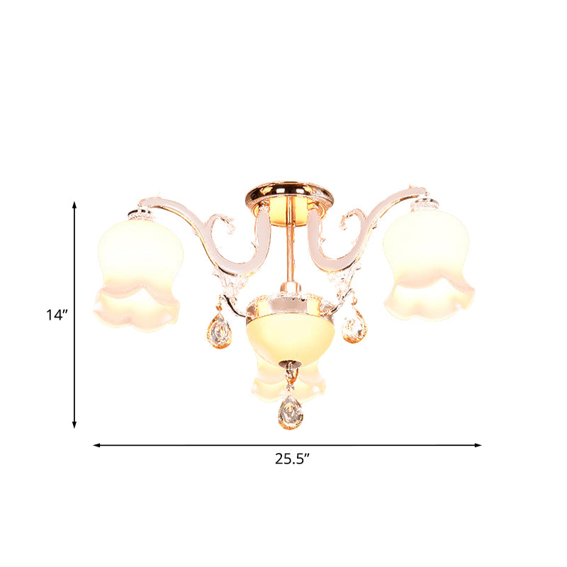 Traditional Scalloped Semi Flush 4/7 Light Opal Glass Ceiling Flush Mount Light in Gold with Crystal Drop