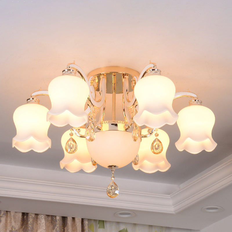 Traditional Scalloped Semi Flush 4/7 Light Opal Glass Ceiling Flush Mount Light in Gold with Crystal Drop