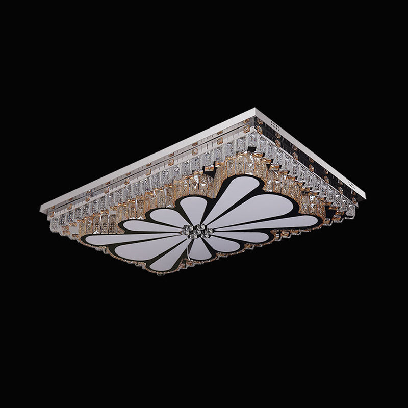 Chrome Rectangle Flush Light Modernism Clear Crystal LED Living Room Acrylic Ceiling Fixture with Rhombus/Flower Pattern