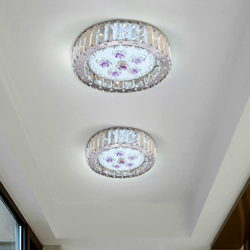 LED Flush Mount Spotlight Minimal Style Drum Shade Faceted Crystal Close to Ceiling Lamp in Nickel