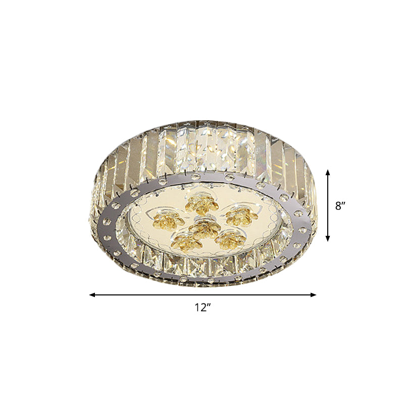 LED Flush Mount Spotlight Minimal Style Drum Shade Faceted Crystal Close to Ceiling Lamp in Nickel