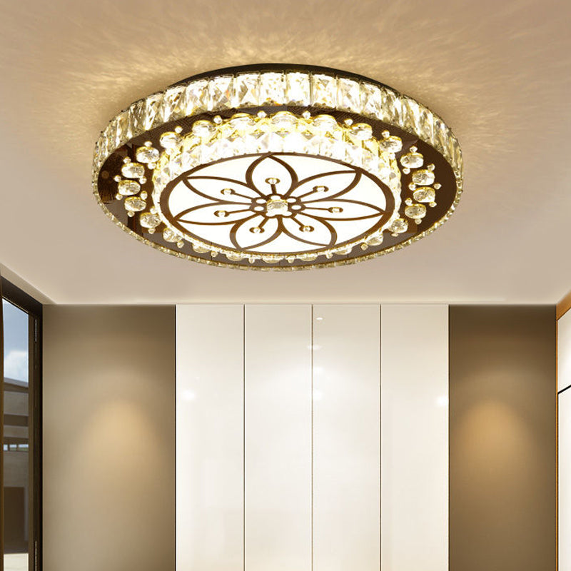 Modern 2-Gelaagde Ronde Flush Mount Armatuur LED Facet kristal Bloem Patroon Plafond Licht in Nickel