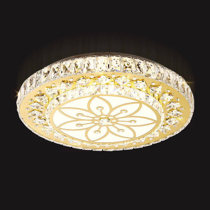Modern 2-Gelaagde Ronde Flush Mount Armatuur LED Facet kristal Bloem Patroon Plafond Licht in Nickel