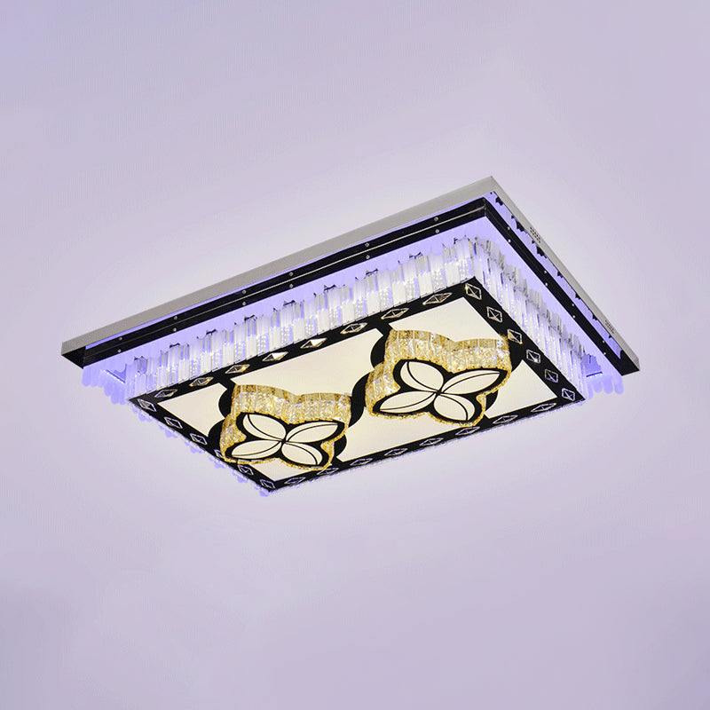 Clear Crystal Rectangle Flush Mount Lamp Simple LED Living Room Close to Ceiling Light with Maple Leaf/Four-leaf Clover Pattern