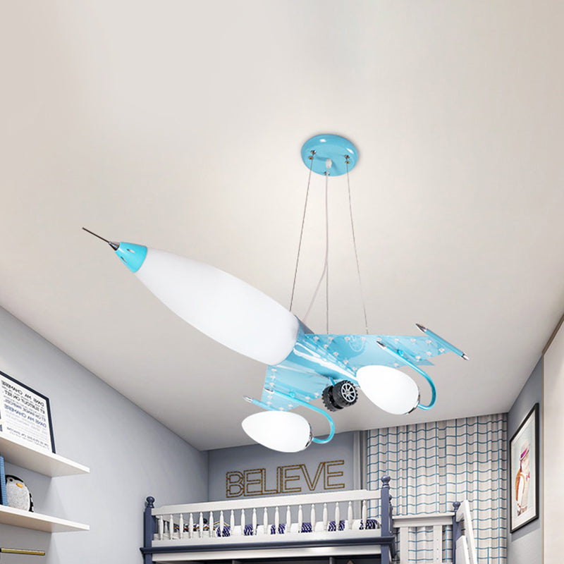 Cartoon Plane Hanging Chandelier Metallic LED Kids Bedroom Pendulum Light in Blue with Opal Glass Shade