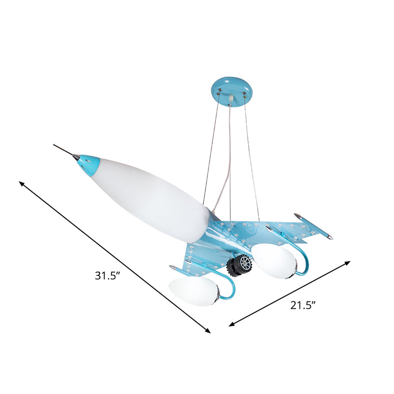 Cartoon Plane Hanging Chandelier Metallic LED Kids Bedroom Pendulum Light in Blue with Opal Glass Shade