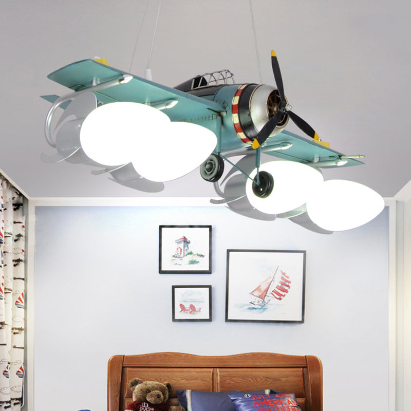 Cream Glass Bullet Chandelier Lamp with Aircraft Design Cartoon 4-Light Green Pendant Lighting