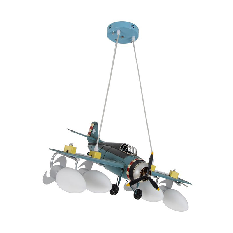 Cream Glass Bullet Chandelier Lamp with Aircraft Design Cartoon 4-Light Green Pendant Lighting
