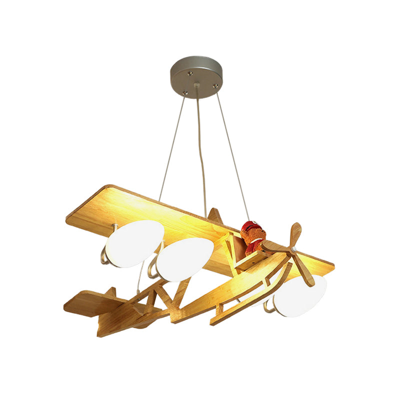 Aircraft Kids Bedroom Pendant Lighting Wood 4-Head Cartoon Chandelier in Beige with Bullet White Glass Shade
