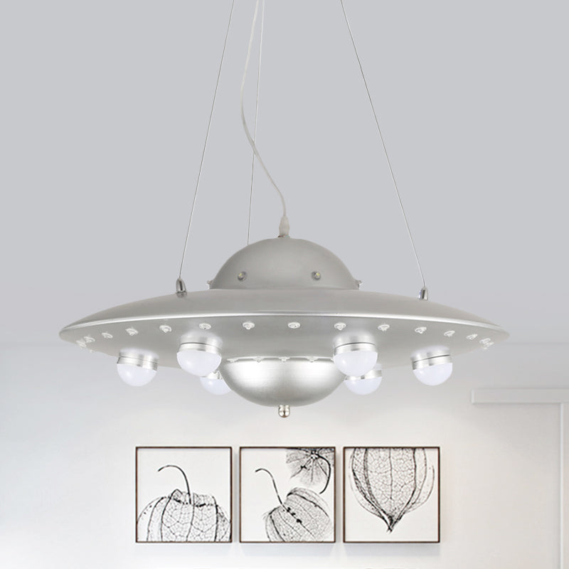 Nordic Flying Saucer Chandelier Light Metallic Child Bedroom LED Pendant Lamp Fixture in Grey/Pink/Blue