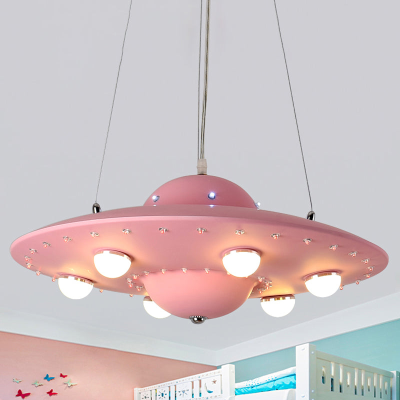 Nordic Flying Saucer Chandelier Light Metallic Child Bedroom LED Pendant Lamp Fixture in Grey/Pink/Blue