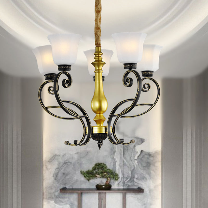 Classico lampadario del soffitto a campana Ciondolo in vetro opale in nero e oro con braccio scorrevole