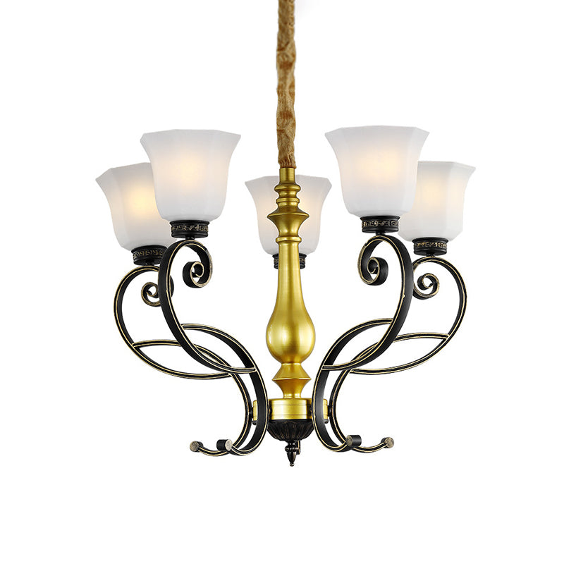 Classico lampadario del soffitto a campana Ciondolo in vetro opale in nero e oro con braccio scorrevole
