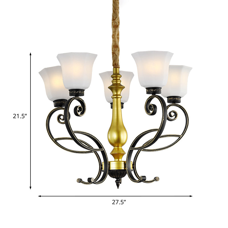 Classico lampadario del soffitto a campana Ciondolo in vetro opale in nero e oro con braccio scorrevole