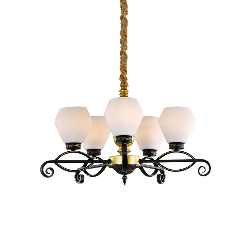 Lampone di vetro opale di 5 teste Light Antique Black Exagon soggiorno lampada sospesa