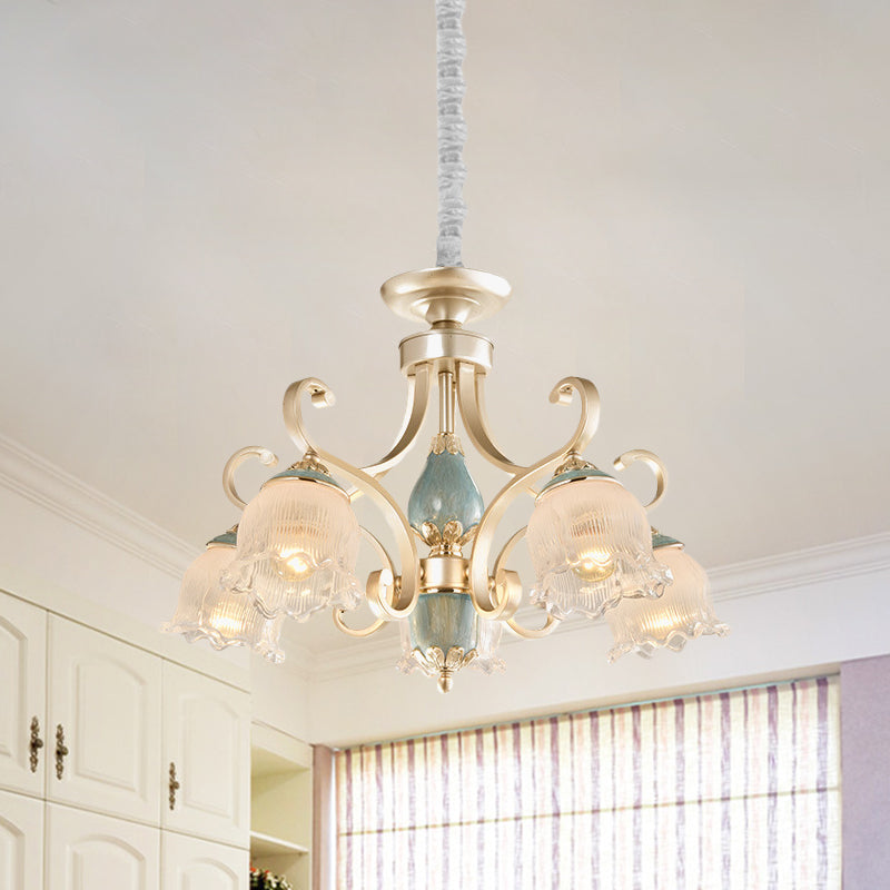 Lampadella tradizionale a soffitto floreale 3/5/6 luci gamba in vetro Apparecchio di illuminazione a sospensione in oro