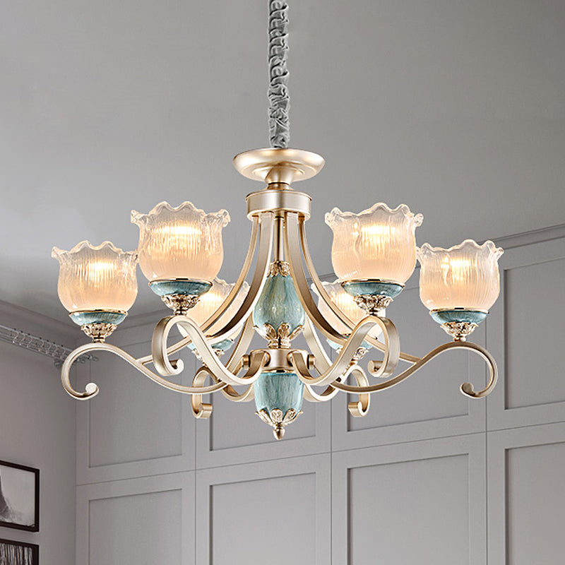 Lampadella tradizionale a soffitto floreale 3/5/6 luci gamba in vetro Apparecchio di illuminazione a sospensione in oro