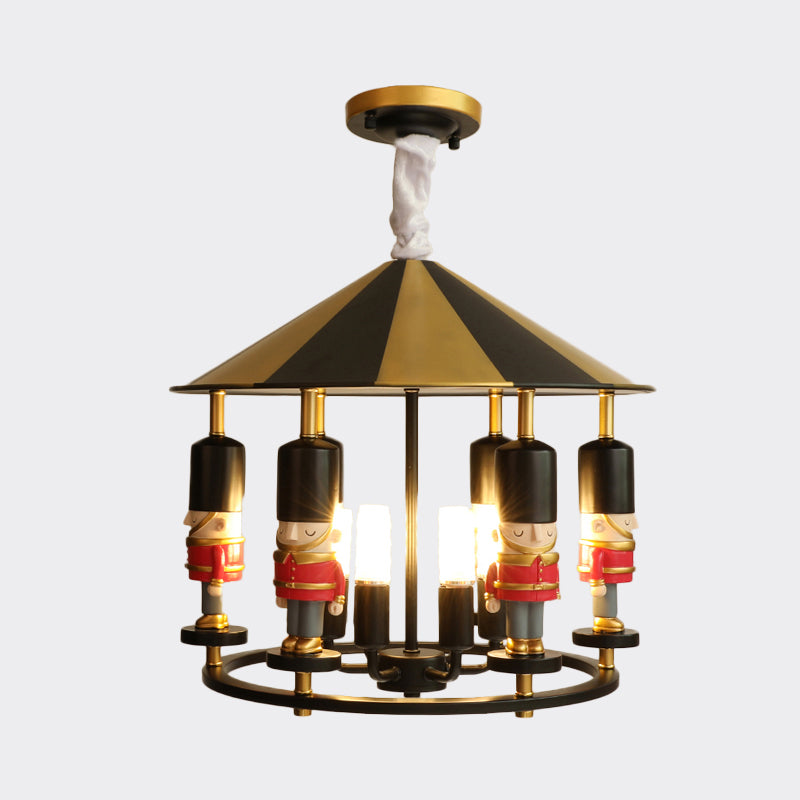 Merry-Go-Round Soldier Chandelier Kids Style Resin 5-Head Black/Blue Hanging Light Fixture