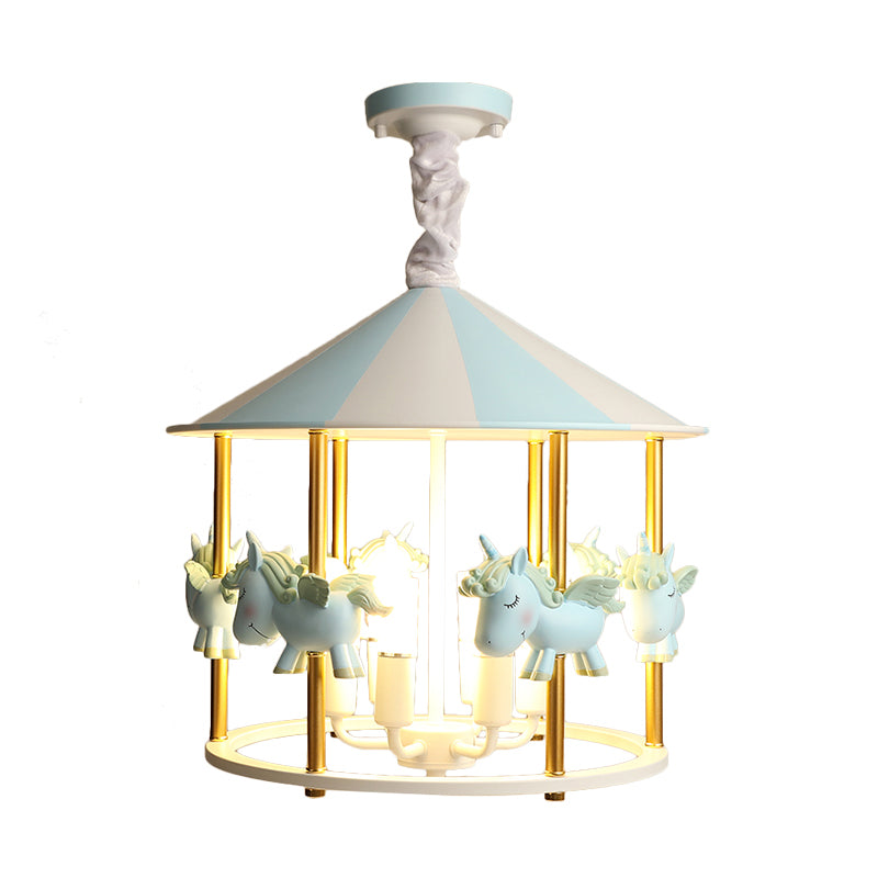 Resin Unicorn Carousel Hanging Lamp Kids 5-Light Pink/Blue Pendant Chandelier for Child Room