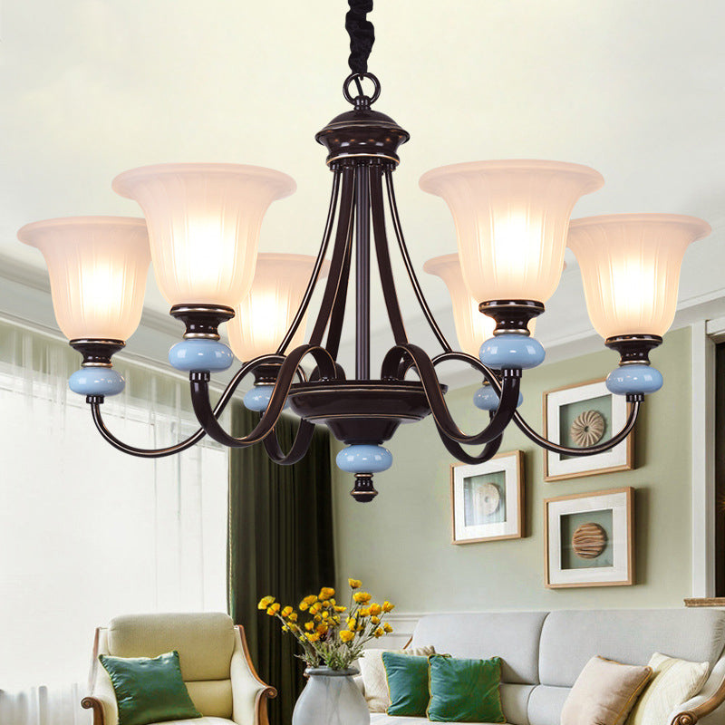 Éclairage de lustre de 3/6 à 6 tête lampe de suspension de salon traditionnelle avec une large bouée de verre blanc en noir en noir