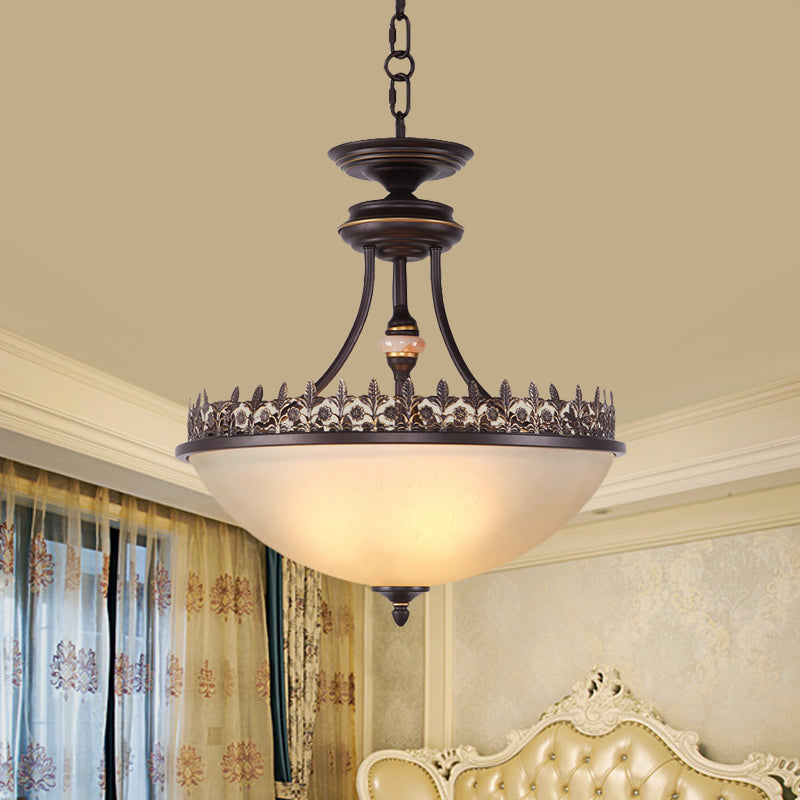 Bowl Bedroom Pendant Chandelier Rural Frosted Glass 3 Bulbs Black Hanging Light Fixture