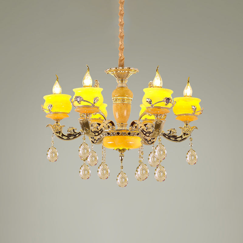6/8 Lights Jade Ceiling Chandelier Antique Gold Candelabra Dining Room Pendant with Dangling Crystal