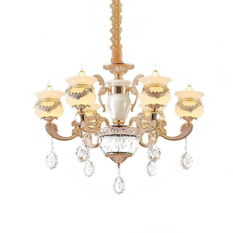 Jade Gold Chandelier Lighting Candle 6 Lights Traditional Ceiling Pendant Light with Crystal Drop