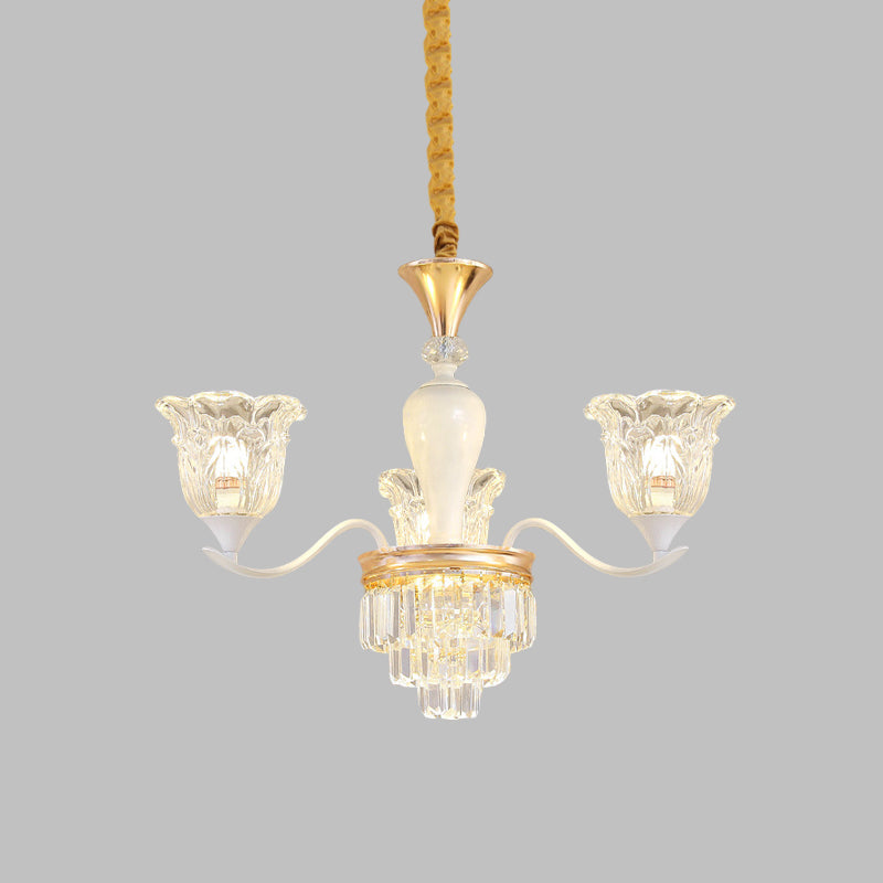Blossom Bedroom Chandelier Lamp Traditional Clear Crystal Glass 3/6-Head Gold Suspension Pendant