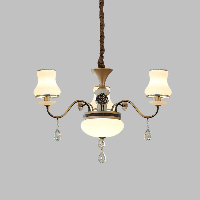 Cream Glass Brass Chandelier Light Curved Arm 3/6 Bulbs Traditional Hanging Lamp with Crystal Drop