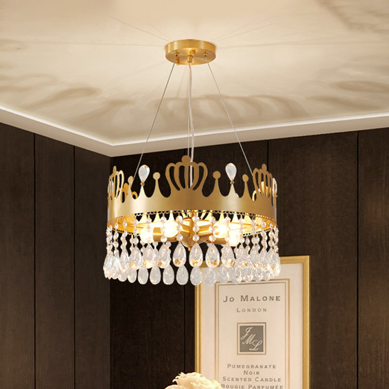 5-Light Crown Chandelier Light Fixture Minimal Gold Crystal Drop Ceiling Lamp for Living Room