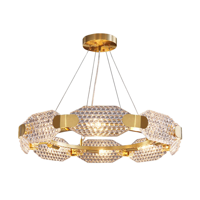 Prism Crystal Circular Chandelier Light Simple Style 6 Lights Bedroom Hanging Lamp Kit in Gold with Octangular Panel
