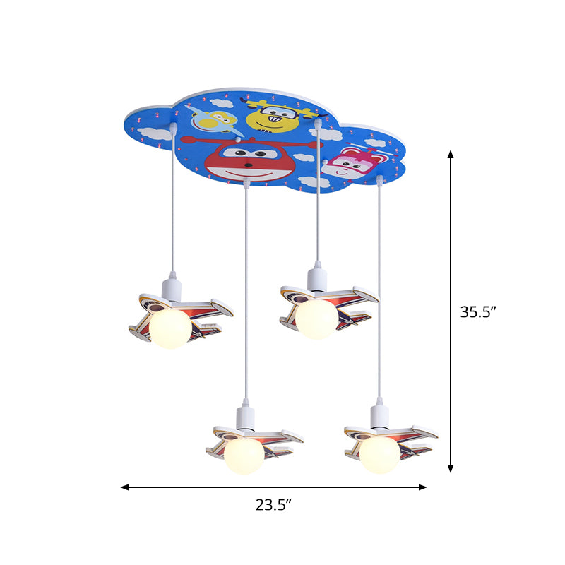 Blue Finish -Flugzeugform Mehrdecke Leichte Cartoon 4 Köpfe Holzhängerlampe Kit