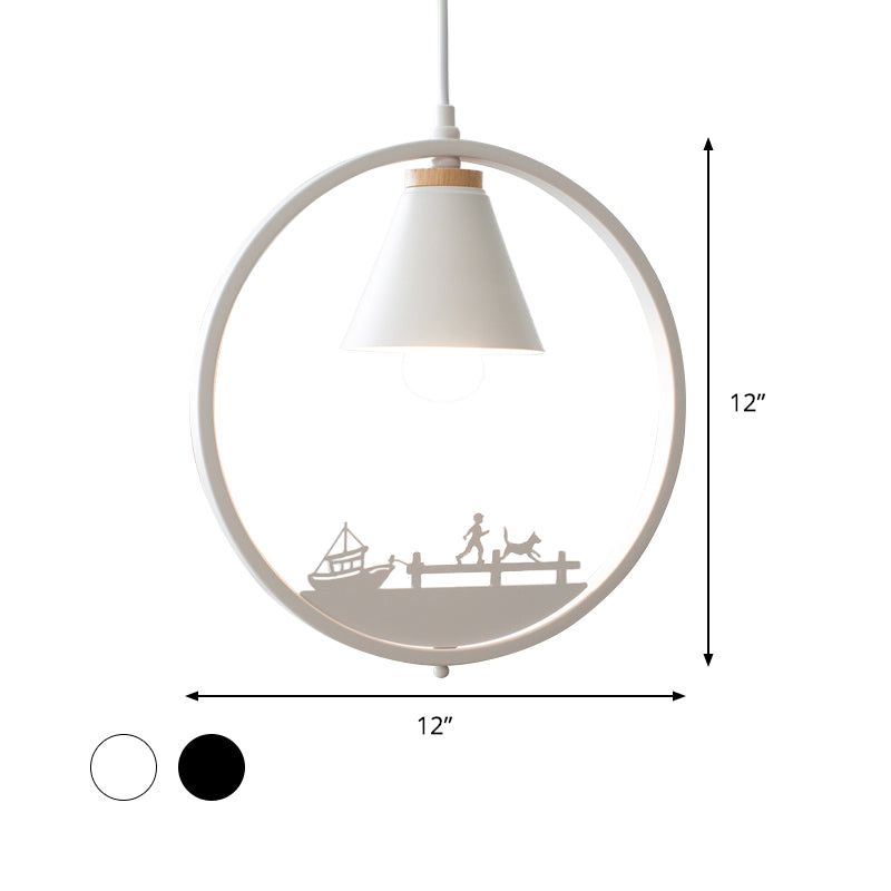 Eisenkegelschatten Anhängerlampe Nordic 1 Glühbirne Schwarz/Weiß -Hangleuchte mit Papierschnittdekoration