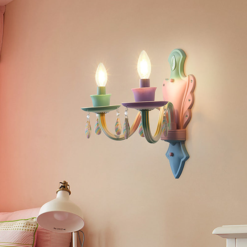 Lampada a parete a candela del macaroon Metallic 2 lampadina a parete da comodino in rosa con goccia di cristallo