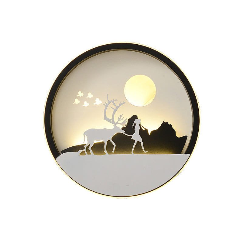 Metal Round Wall Lighting Idea Modernist LED Black Wall Lamp Sconce with Deer and Girl/Eagle/Windmill Design