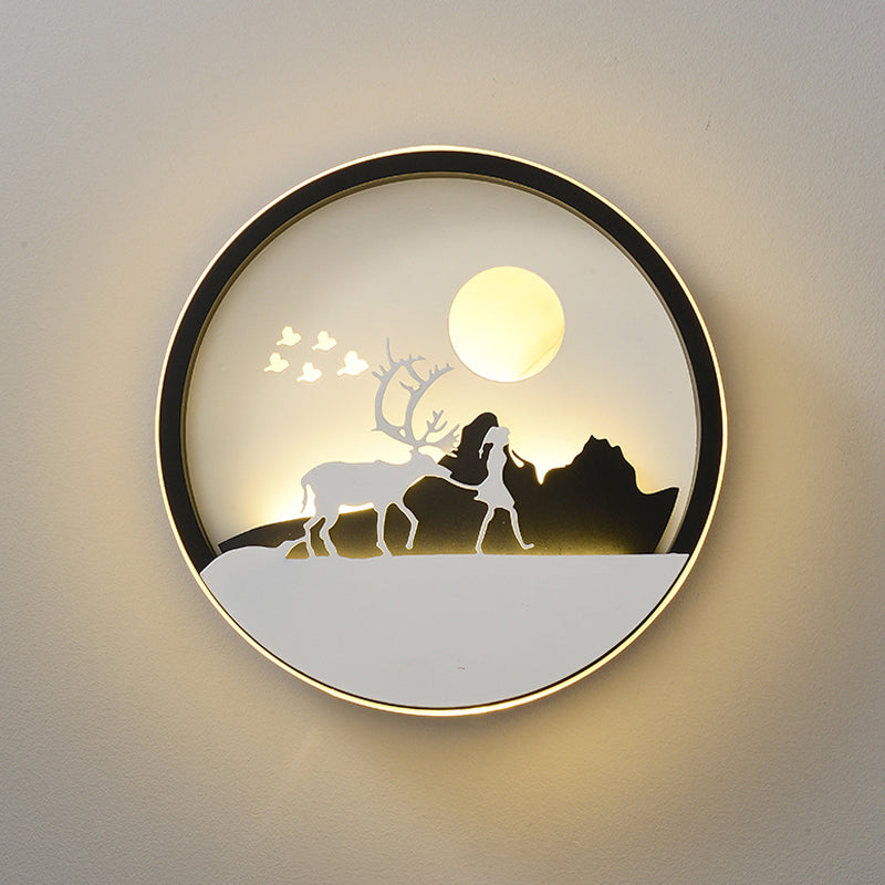 Metal Round Wall Lighting Idea Modernist LED Black Wall Lamp Sconce with Deer and Girl/Eagle/Windmill Design