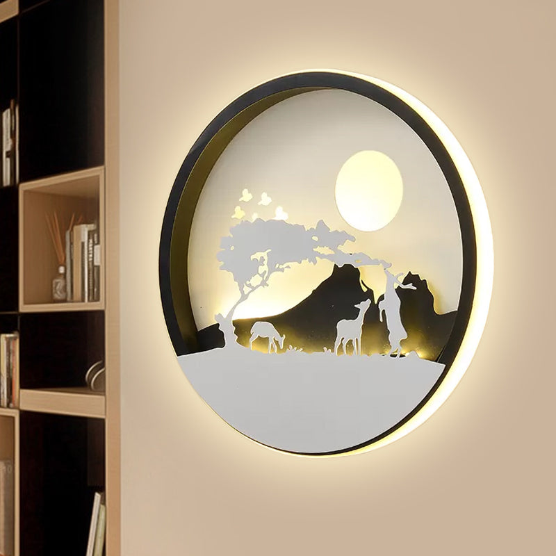 Metal Round Wall Lighting Idea Modernist LED Black Wall Lamp Sconce with Deer and Girl/Eagle/Windmill Design