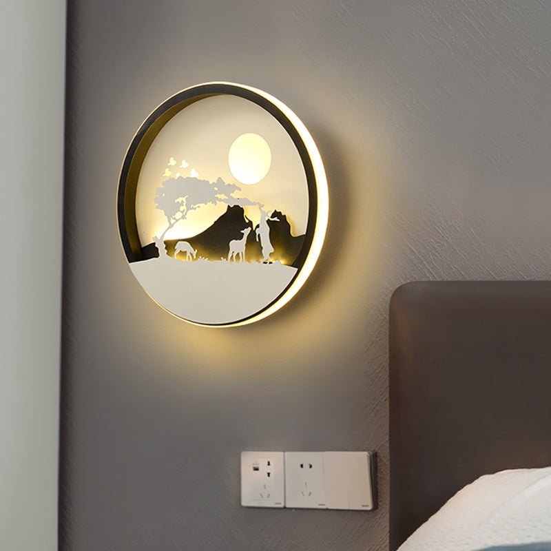 Metal Round Wall Lighting Idea Modernist LED Black Wall Lamp Sconce with Deer and Girl/Eagle/Windmill Design