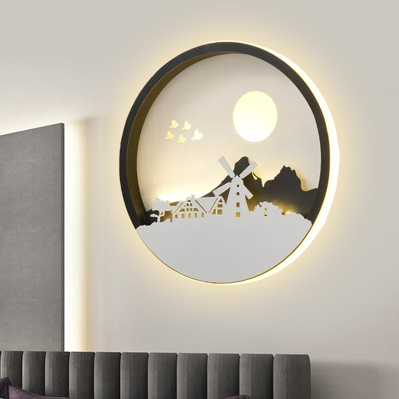 Metal Round Wall Lighting Idea Modernist LED Black Wall Lamp Sconce with Deer and Girl/Eagle/Windmill Design