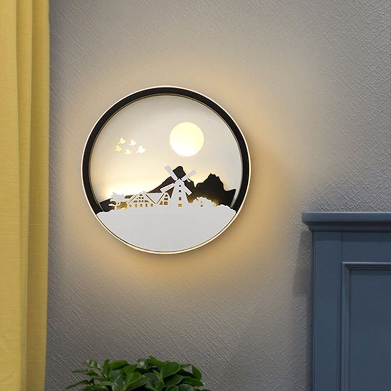 Metal Round Wall Lighting Idea Modernist LED Black Wall Lamp Sconce with Deer and Girl/Eagle/Windmill Design