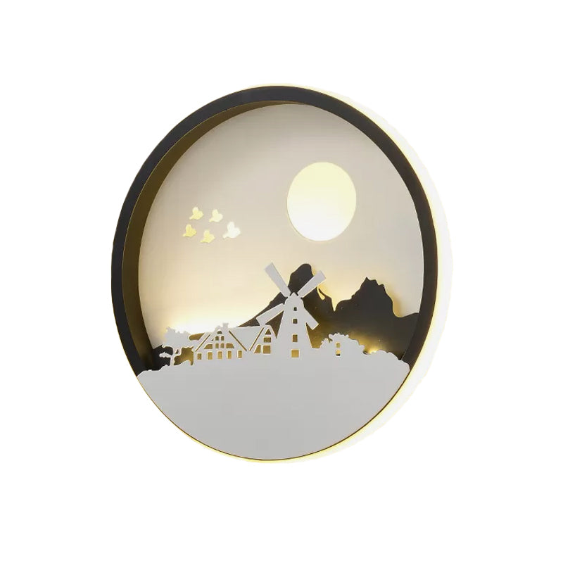 Metal Round Wall Lighting Idea Modernist LED Black Wall Lamp Sconce with Deer and Girl/Eagle/Windmill Design