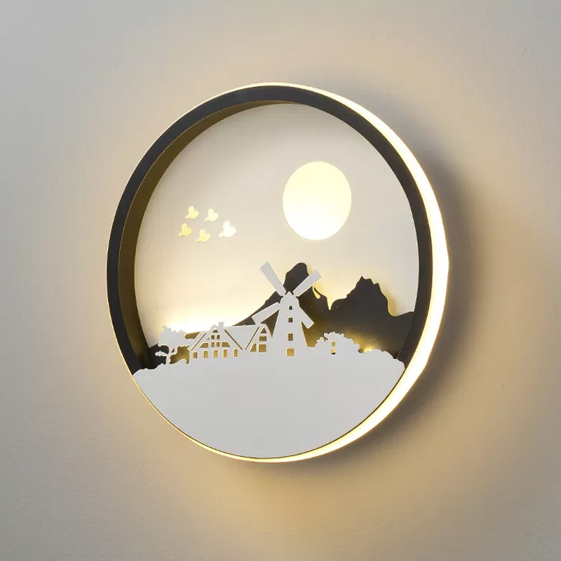 Metal Round Wall Lighting Idea Modernist LED Black Wall Lamp Sconce with Deer and Girl/Eagle/Windmill Design